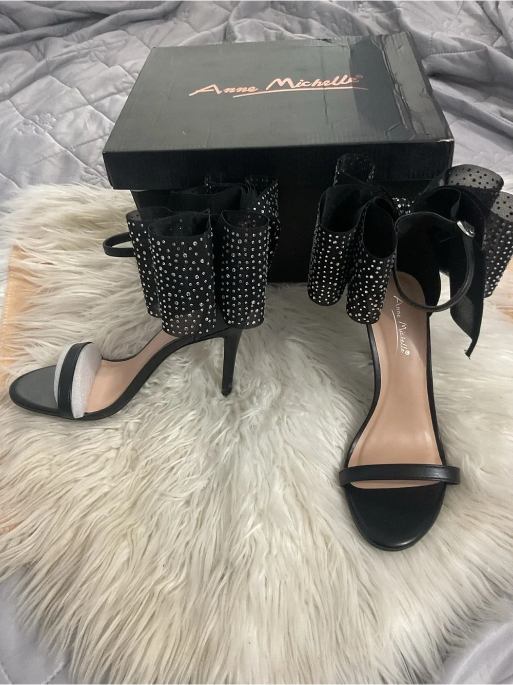 Anne Michelle Black Bow Ankle-Strap Heels with Studded Detail